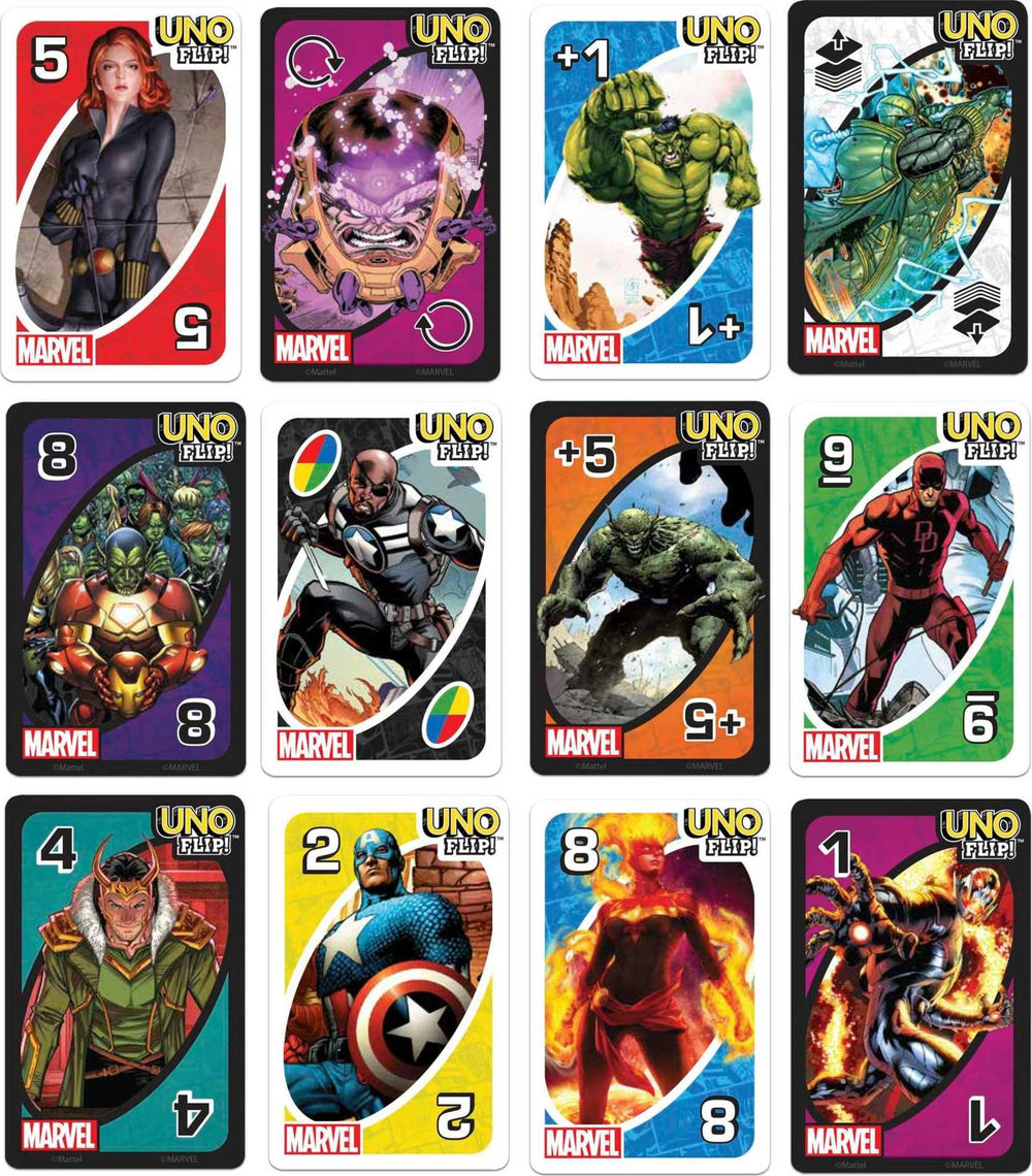 Mattel Games UNO Flip Marvel family night suitable for ages 7 and up.