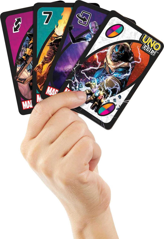 Mattel Games UNO Flip Marvel heroes side artwork fuels fast-paced family play.