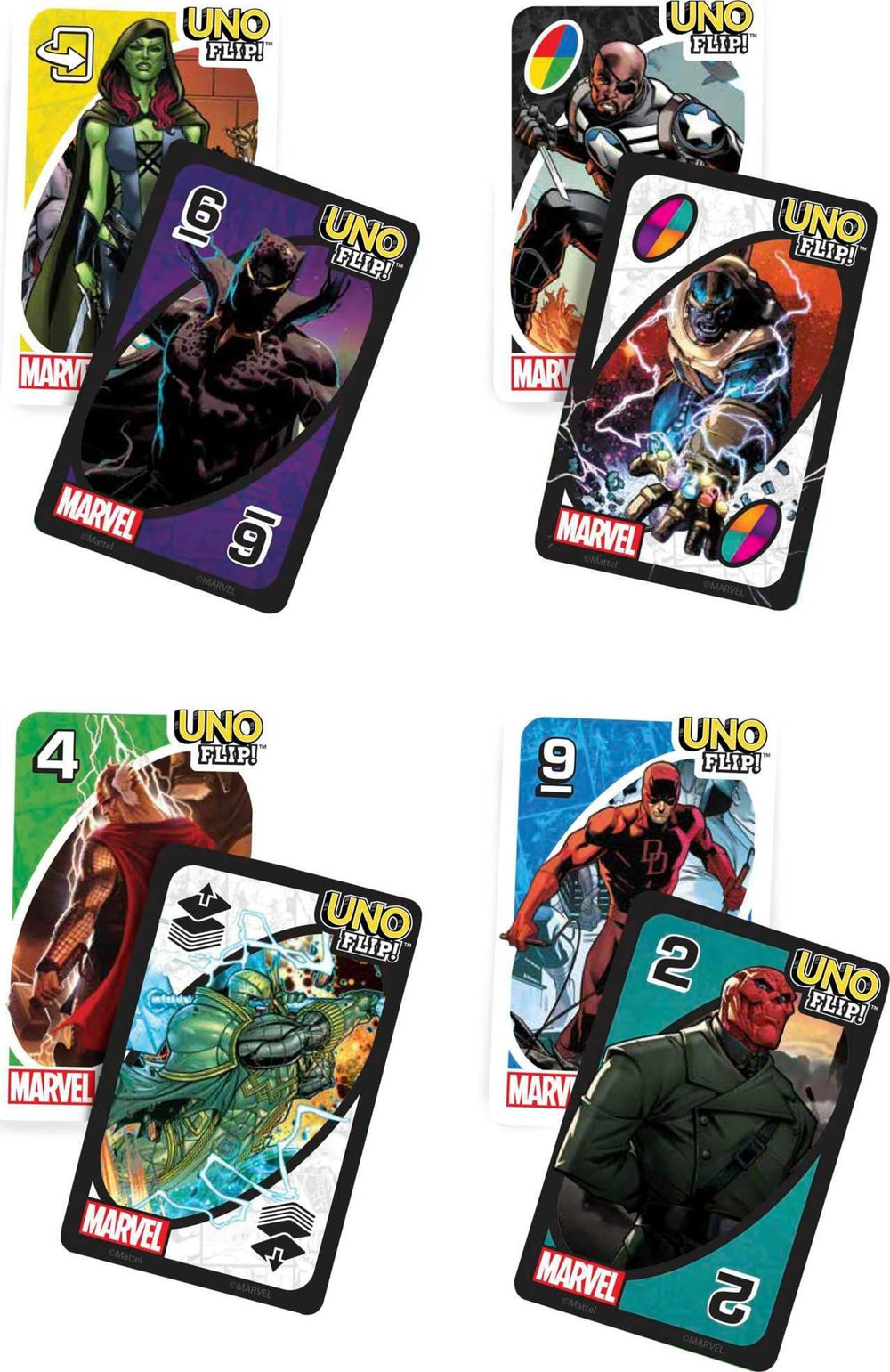 Mattel Games UNO Flip Marvel skip-everyone card increases player interaction.