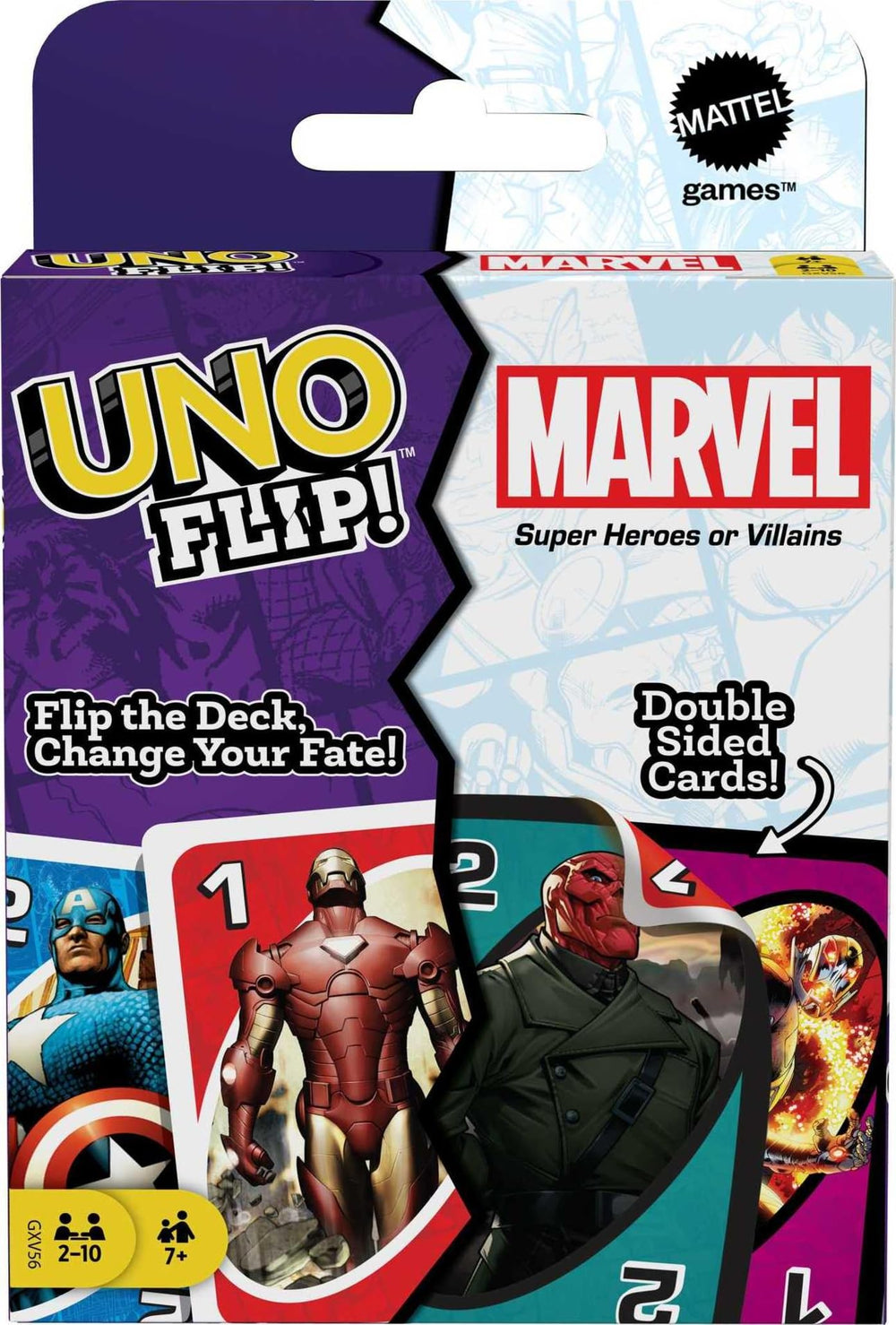 Mattel Games UNO Flip Marvel two-sided deck for versatile Marvel gameplay.