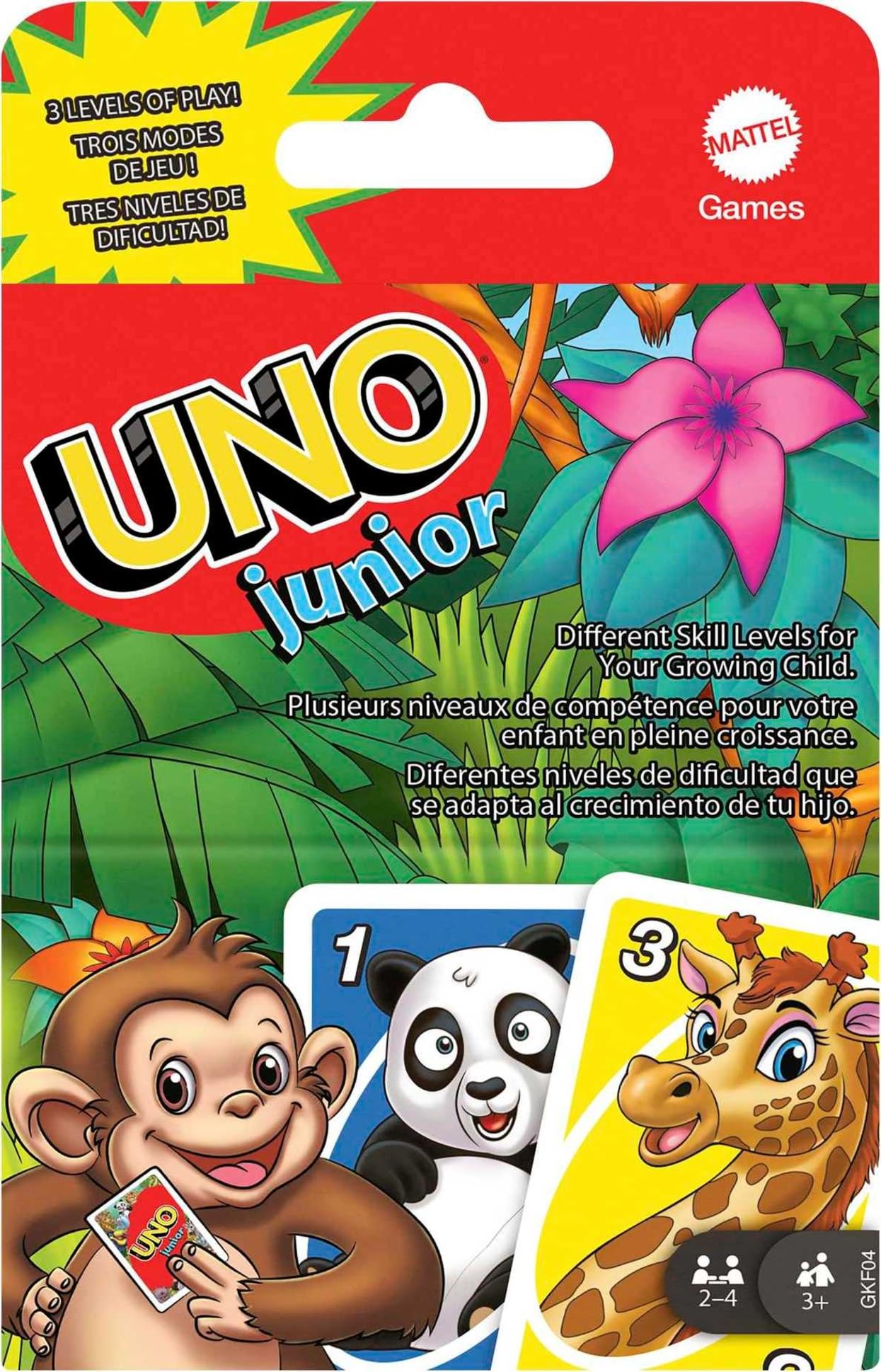 Mattel Games UNO Junior packshot showing a gift-ready box and kid-friendly animals.