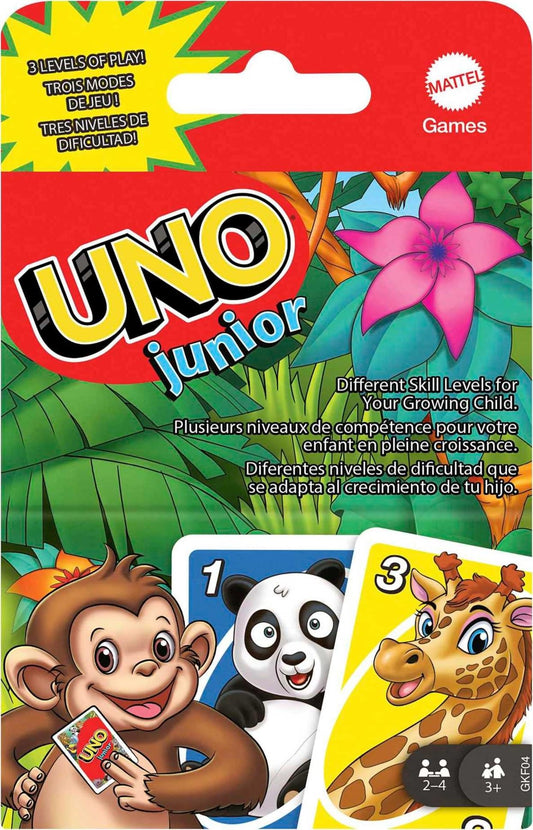 Mattel Games UNO Junior packshot showing a gift-ready box and kid-friendly animals.