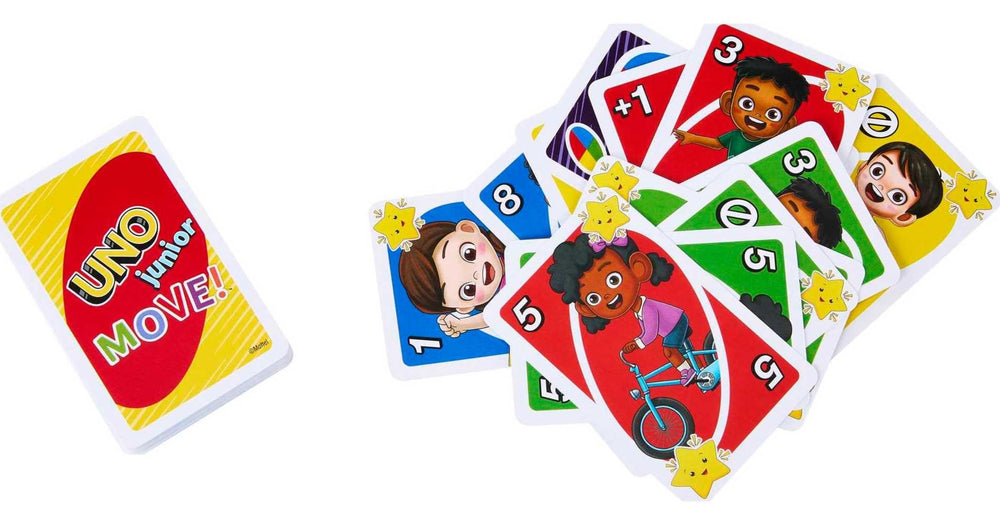 Mattel Games UNO Junior Move ages 3 plus icon signals age-appropriate play