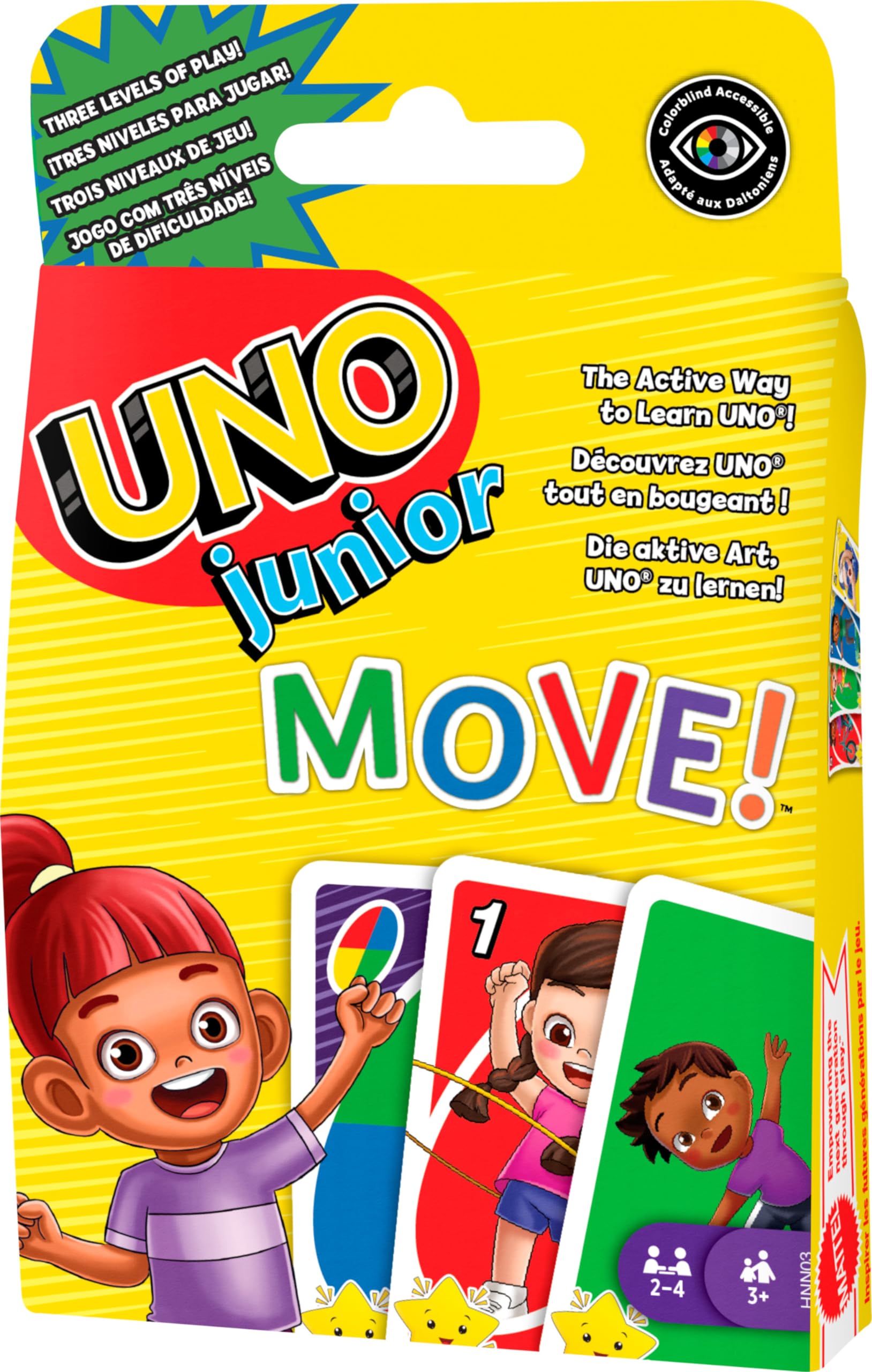 Mattel Games UNO Junior Move card play shows active color and number matching for kids