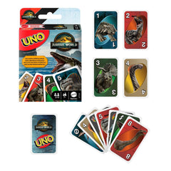 Mattel Games UNO Jurassic World Rebirth cards with dynamic character graphics.
