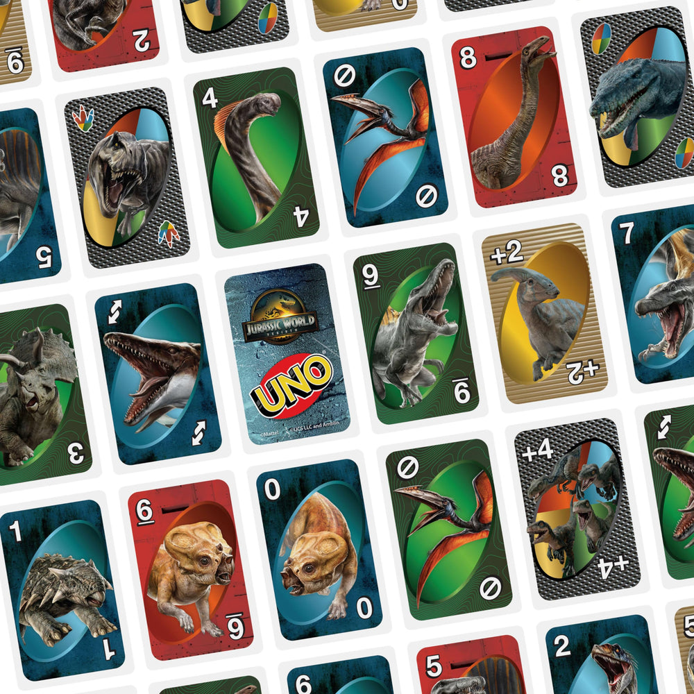 Mattel Games UNO Jurassic World Rebirth character graphics elevate themed sessions.