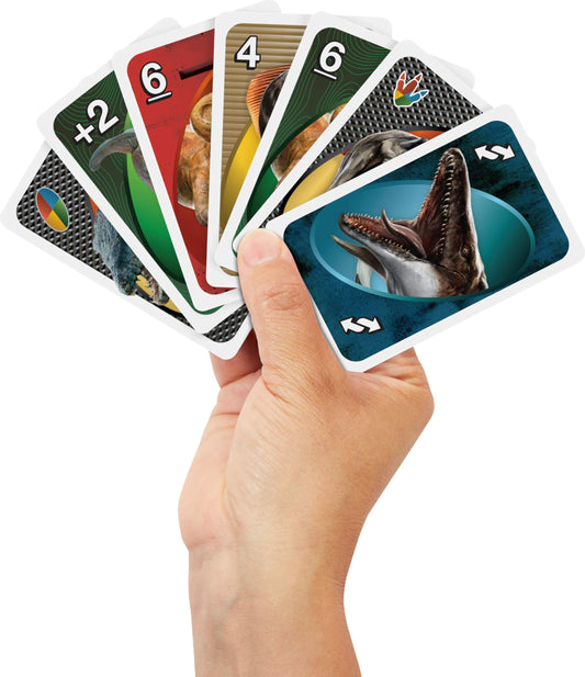Mattel Games UNO Jurassic World Rebirth collectible tin for stylish storage and display.
