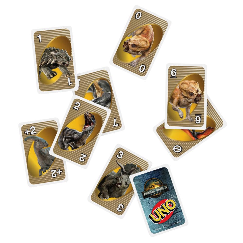 Mattel Games UNO Jurassic World Rebirth colors and numbers icons aid quick matching.