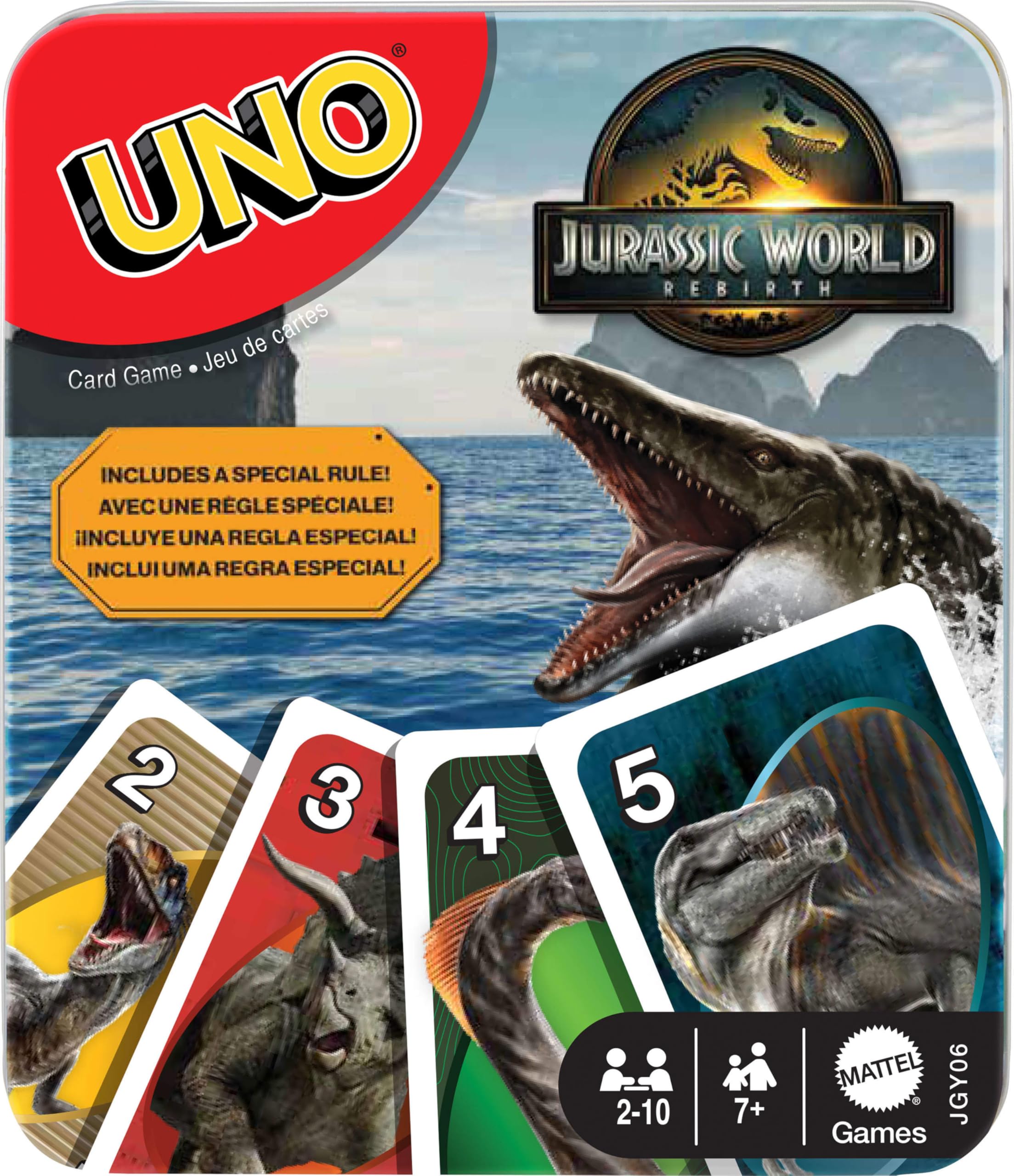 Mattel Games UNO Jurassic World Rebirth deck with vivid character graphics for family game nights.
