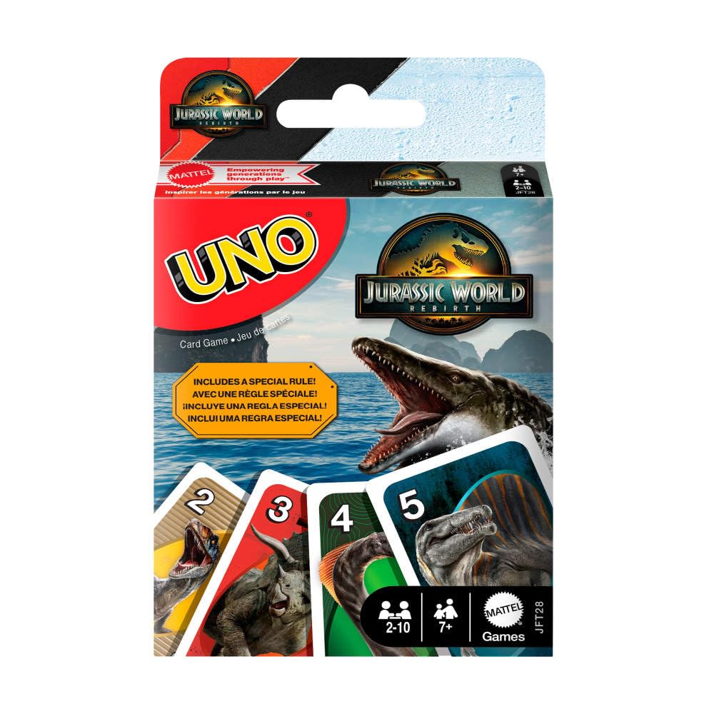 Mattel Games UNO Jurassic World Rebirth deck showing themed artwork for family game nights.