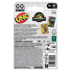 Mattel Games UNO Jurassic World Rebirth last-card UNO call artwork.
