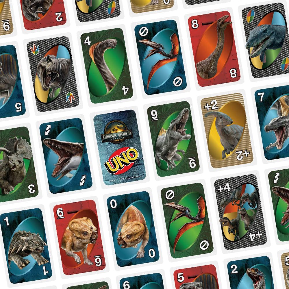 Mattel Games UNO Jurassic World Rebirth t-rex attack rule card.