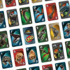 Mattel Games UNO Jurassic World Rebirth t-rex attack rule card.