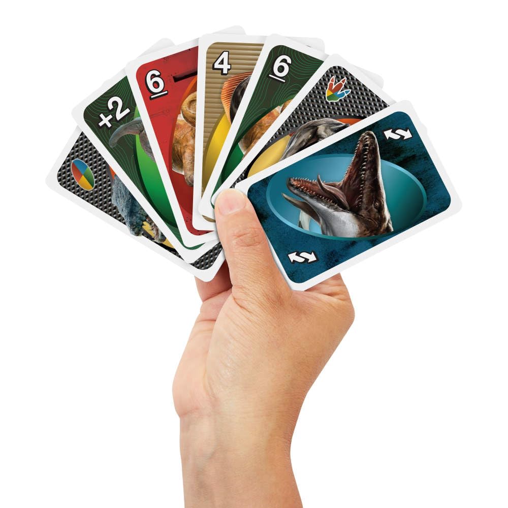 Mattel Games UNO Jurassic World Rebirth theme artwork highlights iconic scenes.