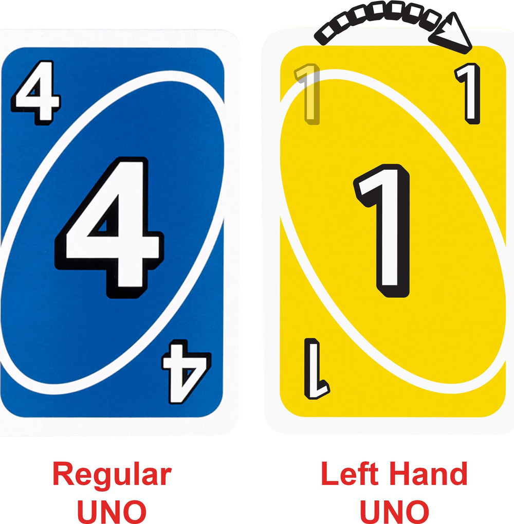 Mattel Games UNO left-handed cards with reversed numbers improve visibility.