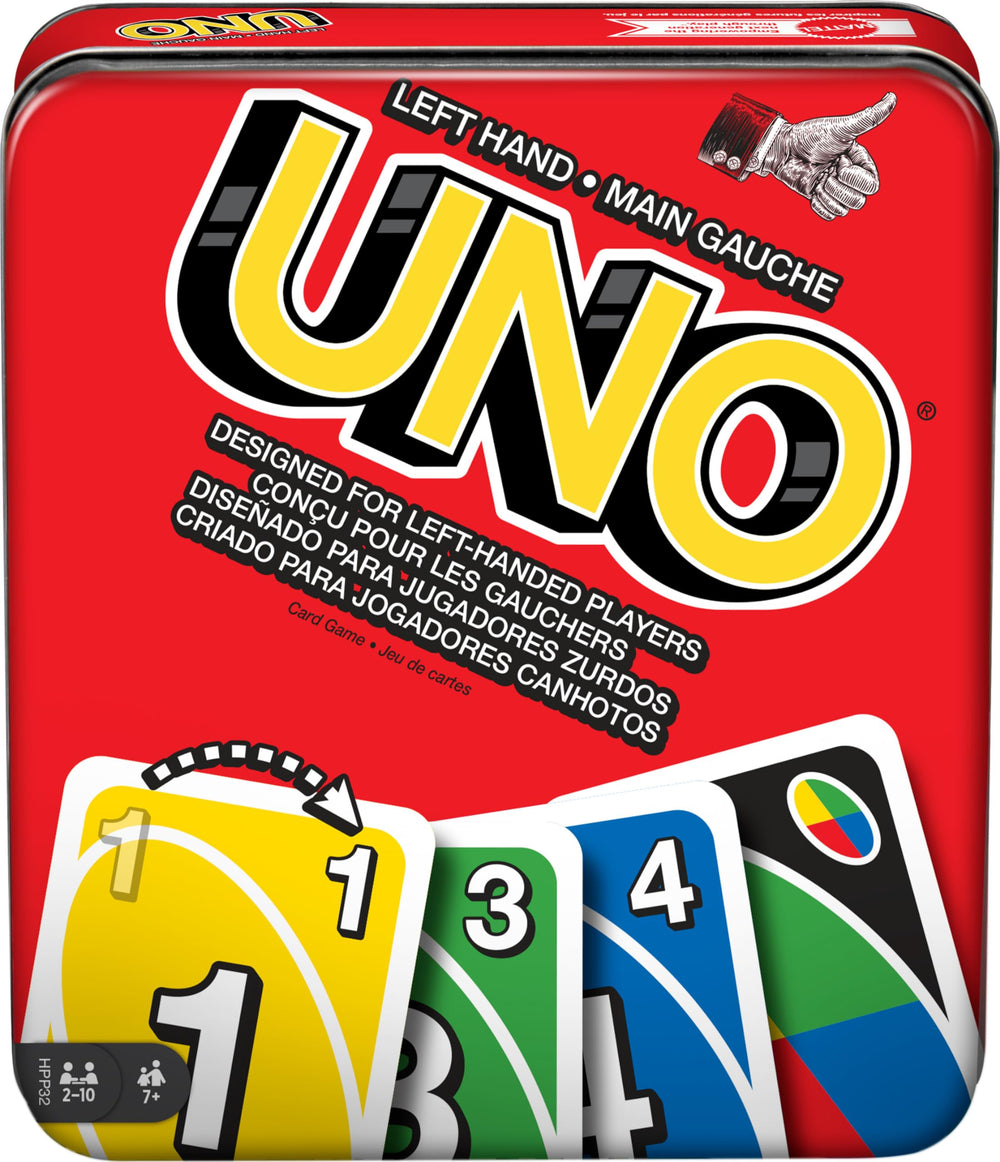 Mattel Games UNO left-handed design with cards fanned for easy viewing.