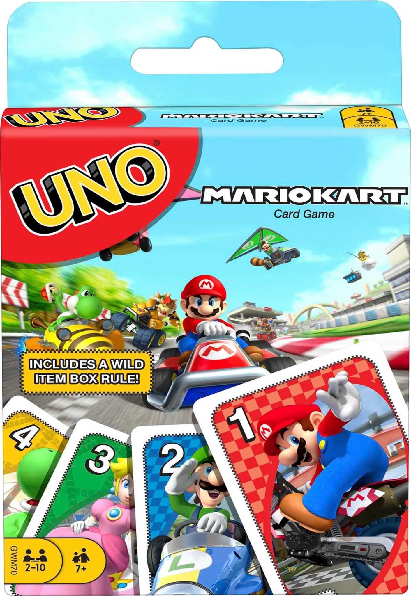 Mattel Games UNO Mario Kart card game front view with race-themed cards for family play