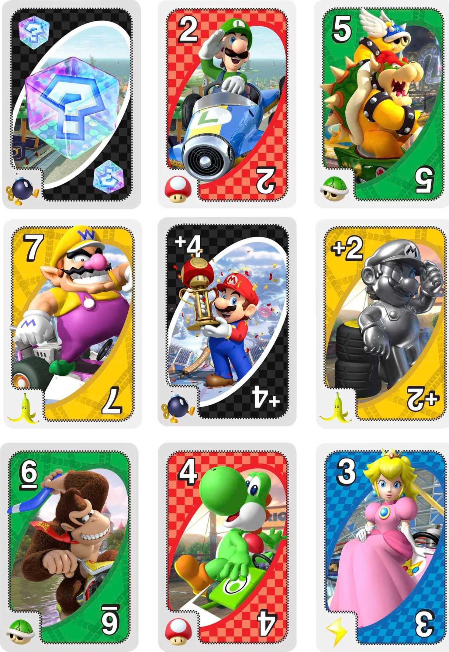 Mattel Games UNO Mario Kart item icons highlight gameplay twists and strategy