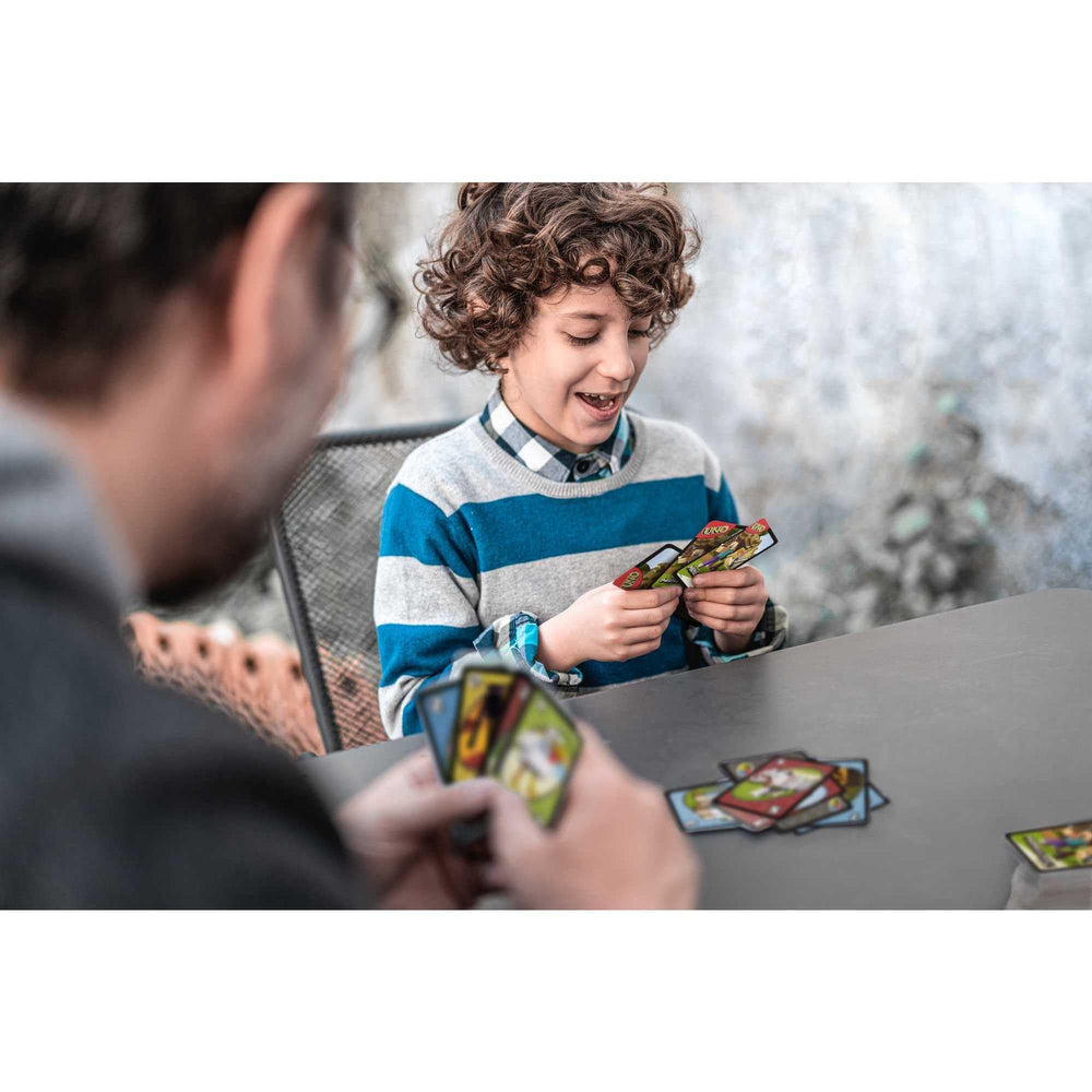 Mattel Games UNO Minecraft play area with colorful cards.