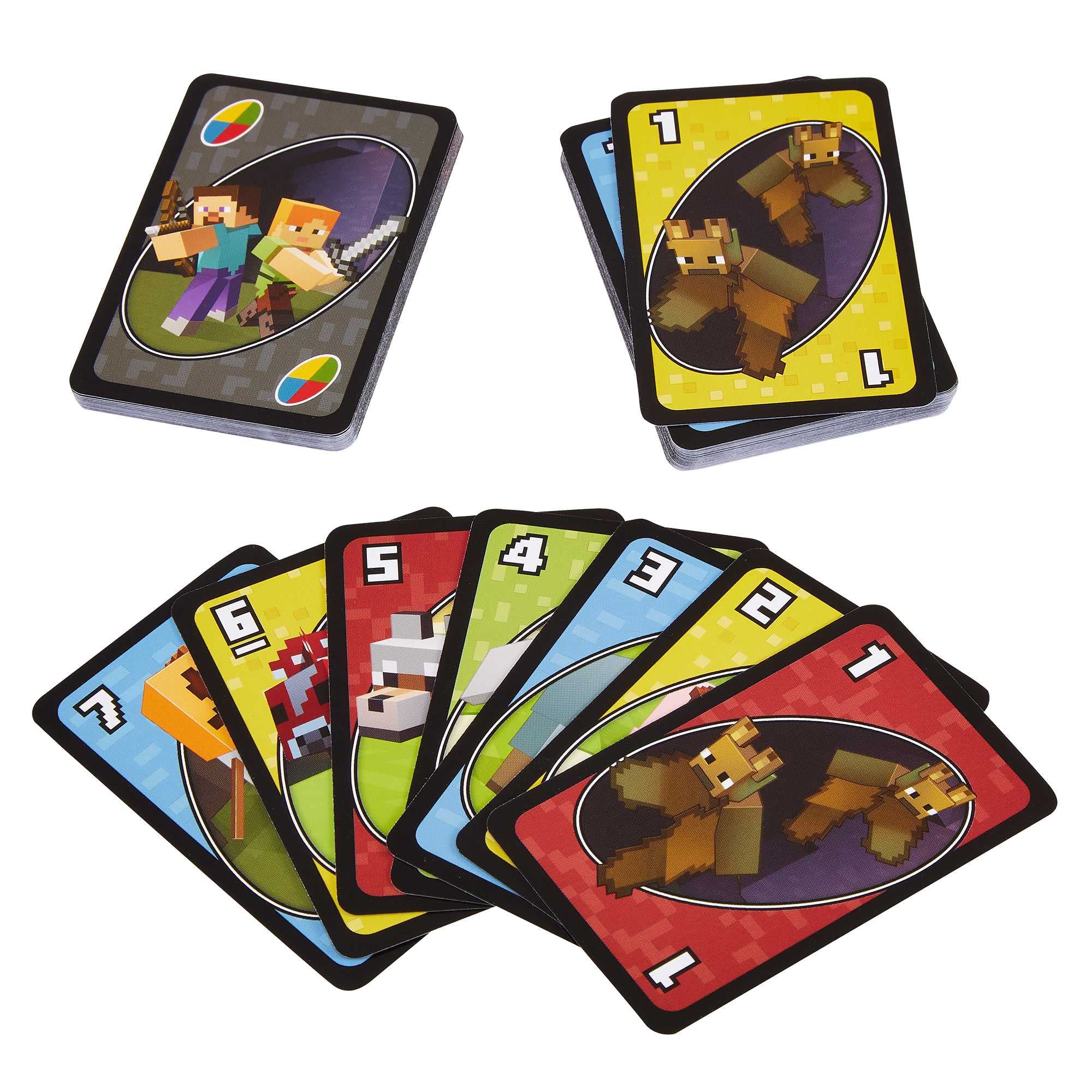 Mattel Games UNO Minecraft instruction sheet and deck.