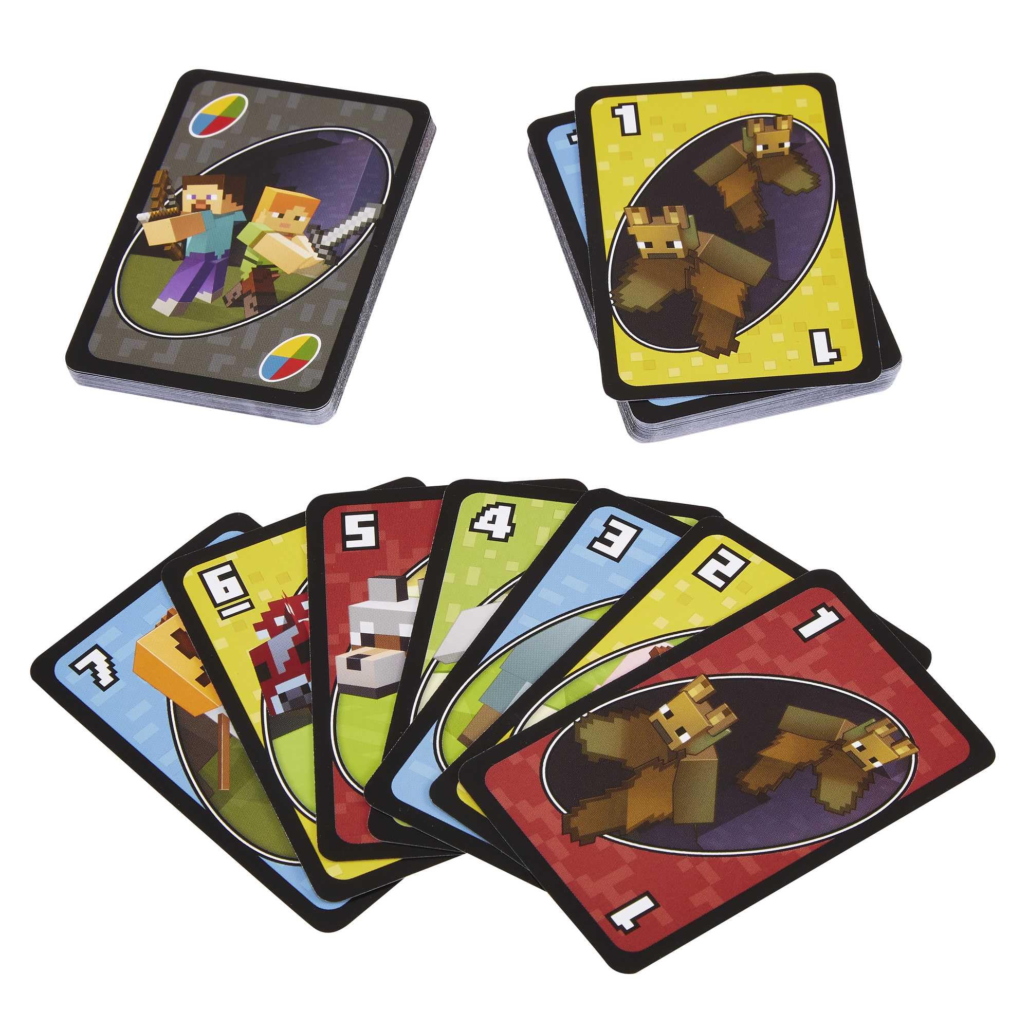 Mattel Games UNO Minecraft unboxing of colorful cards.