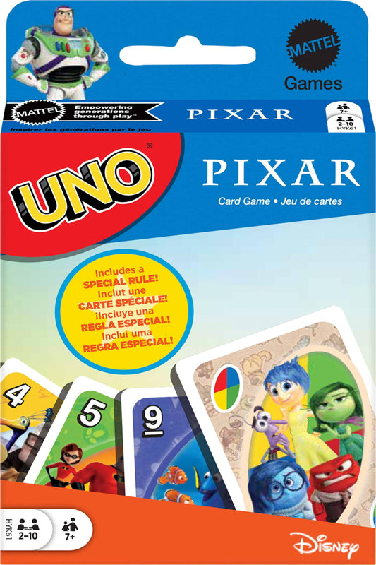 Mattel Games UNO Pixar deck front showcases beloved characters for family game night.