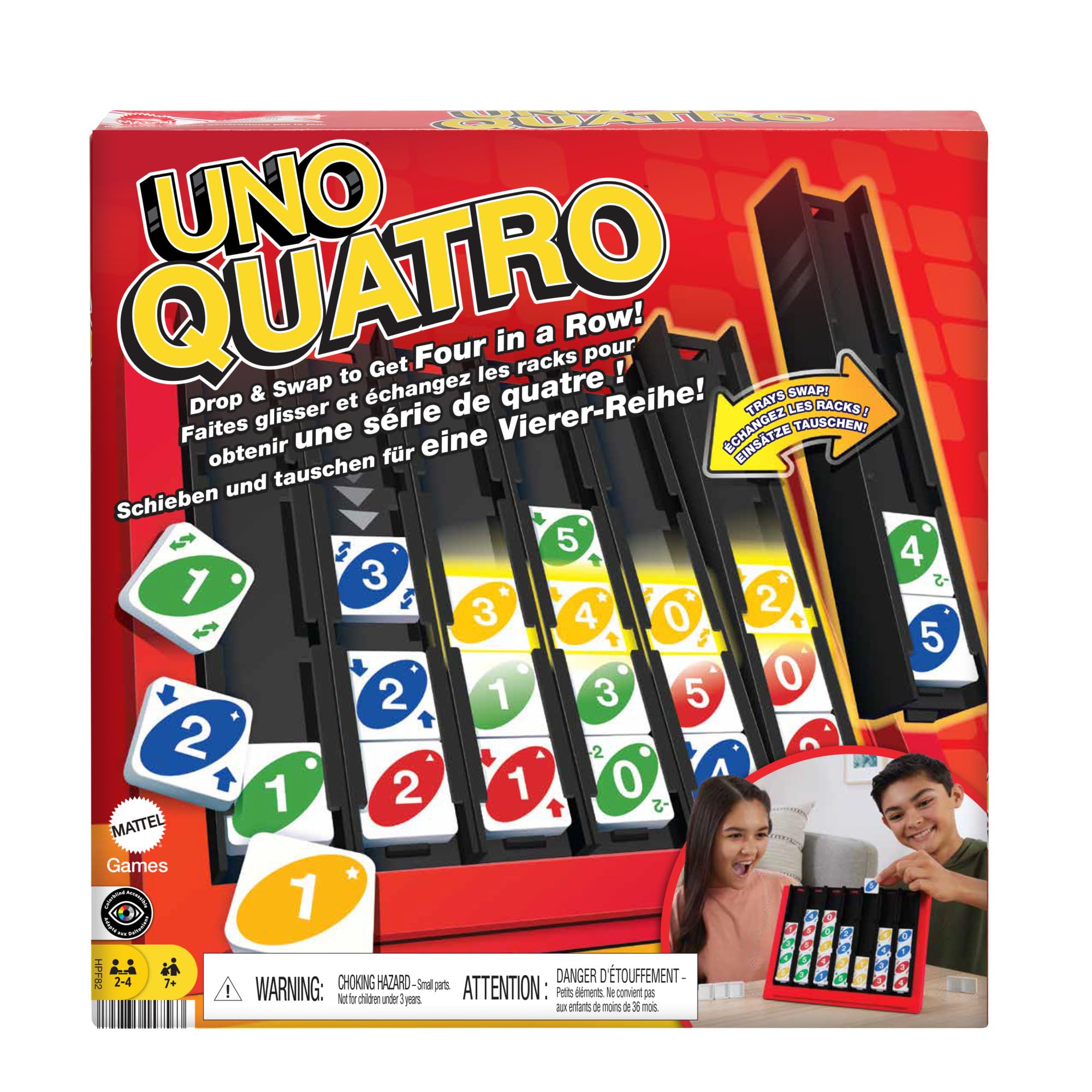 Mattel Games UNO Quatro tiles in trays illustrate color-number matching for strategic play.