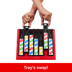Mattel Games UNO Quatro plastic base provides durable setup and easy travel.