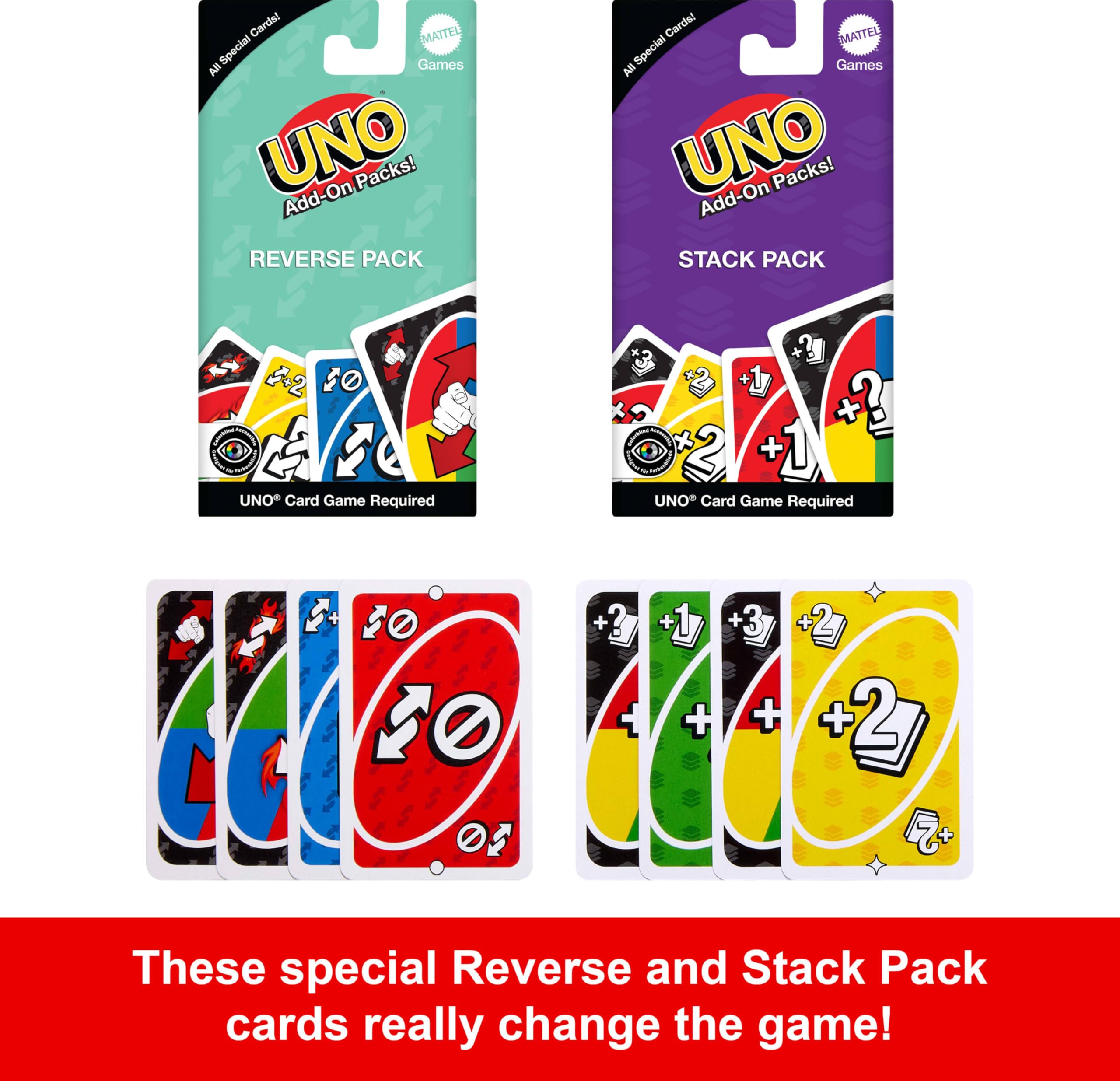 Mattel Games UNO reverse add-on cards change play direction for surprise moments.