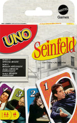 Mattel Games UNO Seinfeld deck artwork featuring iconic characters for lively family nights.