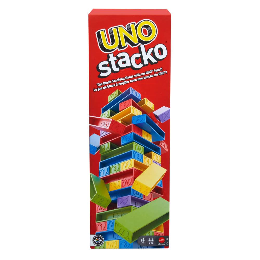 Mattel Games UNO Stacko blocks arranged in a colorful tower for family play.