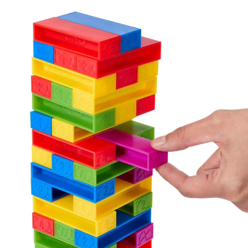 Tower grows taller, increasing challenge and excitement during stacking.
