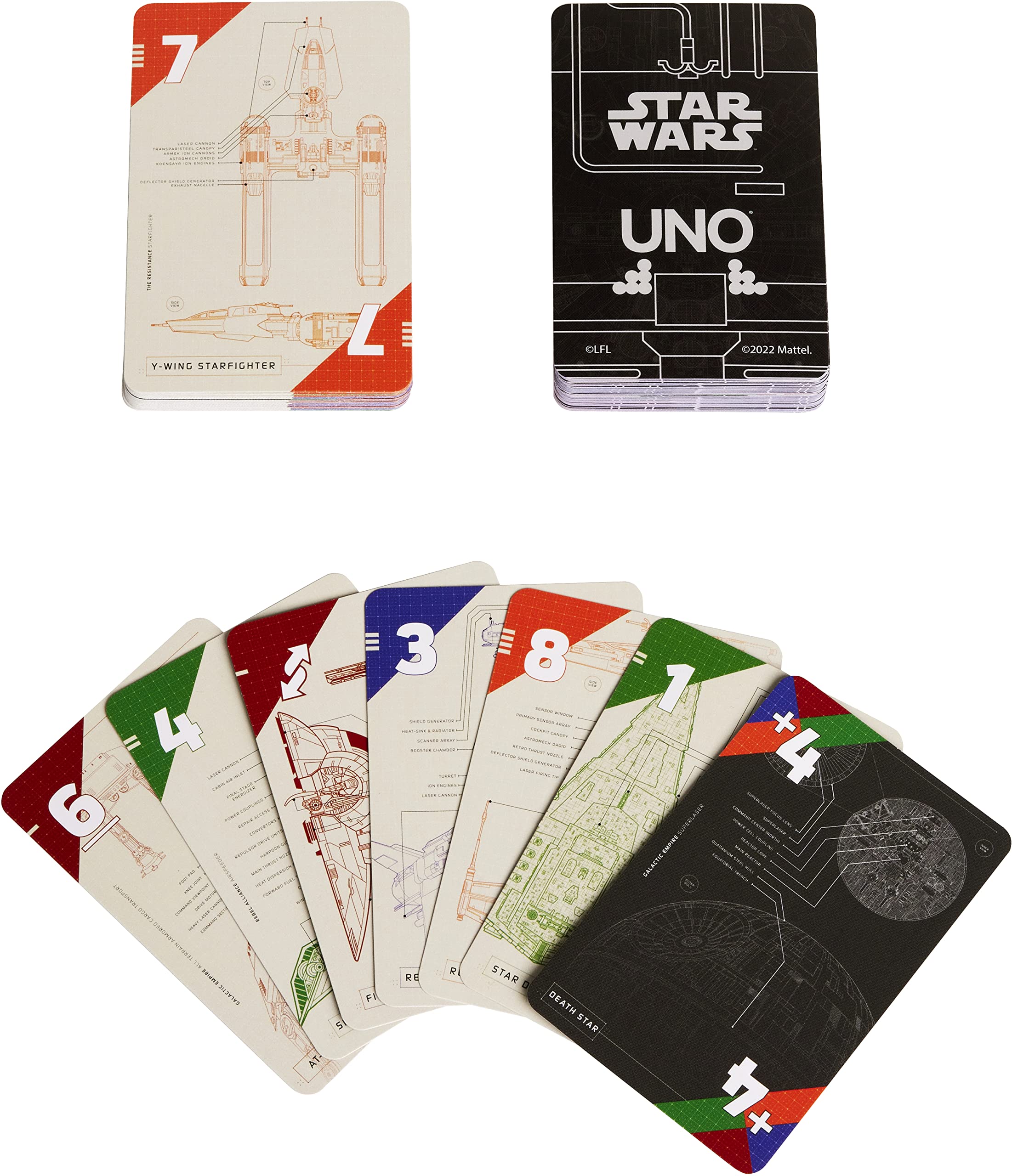 Mattel Games UNO Star Wars blueprints starships highlights detailed starship diagrams to spark imagination.