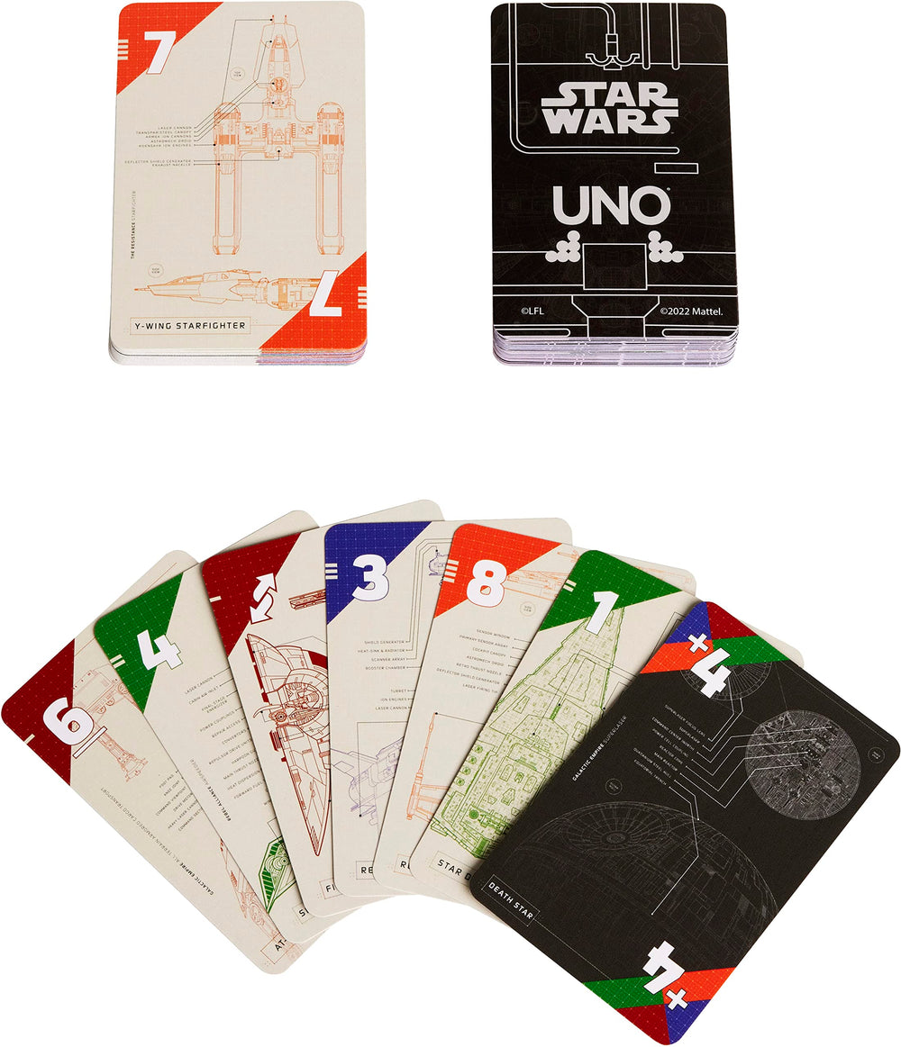 Mattel Games UNO Star Wars blueprints starships highlights detailed starship diagrams to spark imagination.
