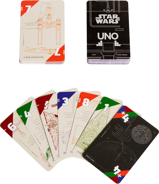 Mattel Games UNO Star Wars blueprints starships highlights detailed starship diagrams to spark imagination.