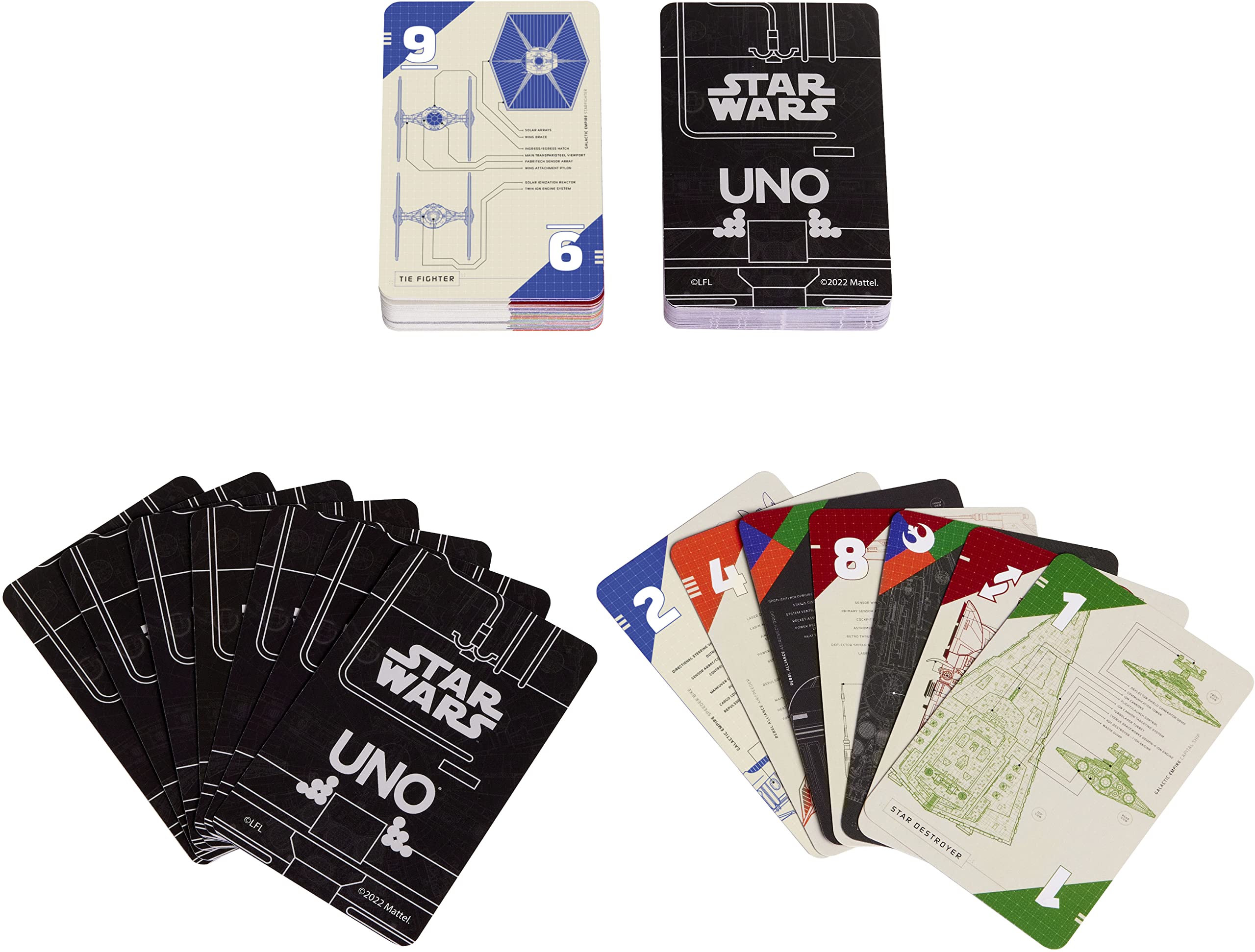 Mattel Games UNO Star Wars card art blueprints provide immersive visuals for strategic color and number matching.
