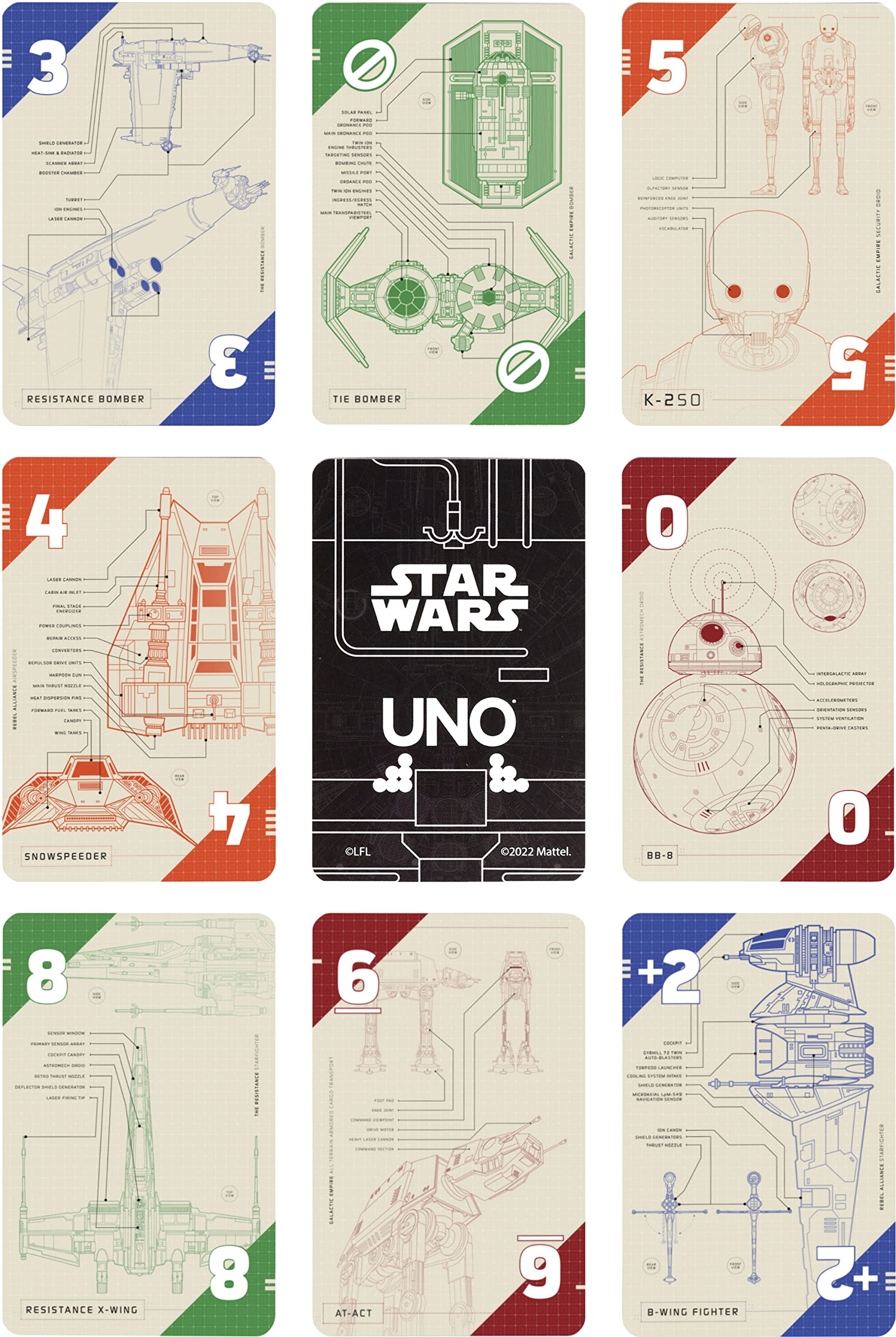 Mattel Games UNO Star Wars droids illustrations showcase iconic characters to fuel thematic card battles.