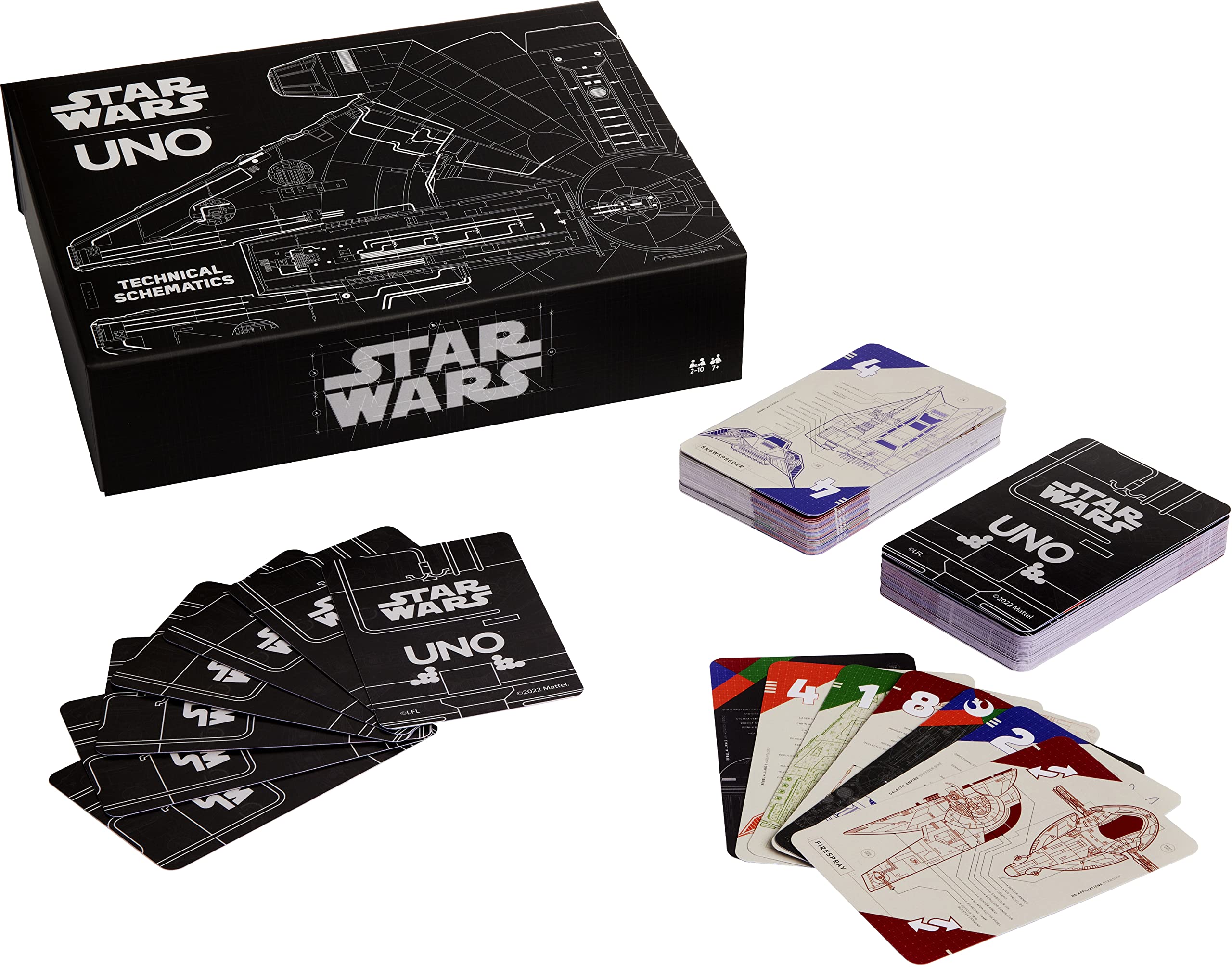 Mattel Games UNO Star Wars schematics deck featuring iconic ship blueprints for engaging family play.