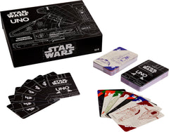 Mattel Games UNO Star Wars schematics deck featuring iconic ship blueprints for engaging family play.