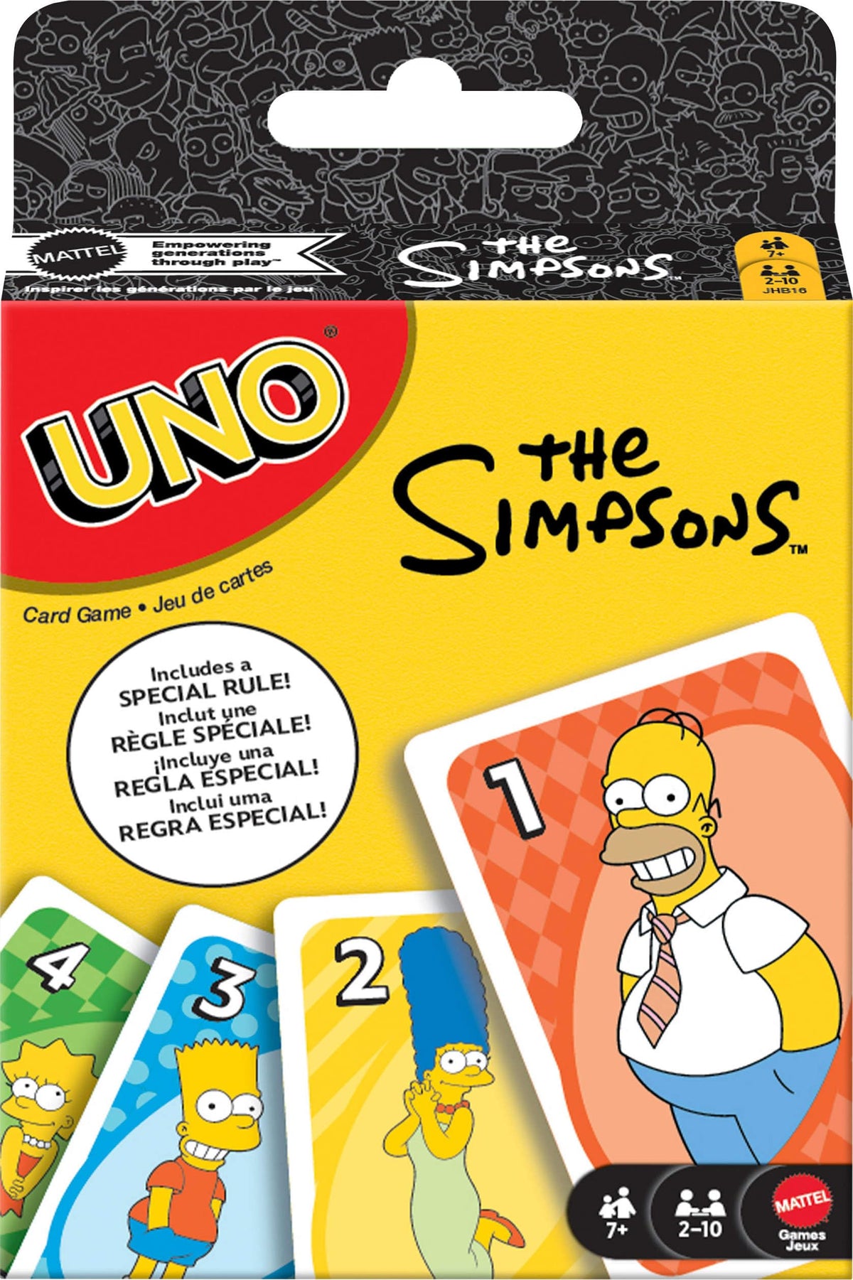 Mattel Games UNO The Simpsons card deck with character-inspired designs for family play.