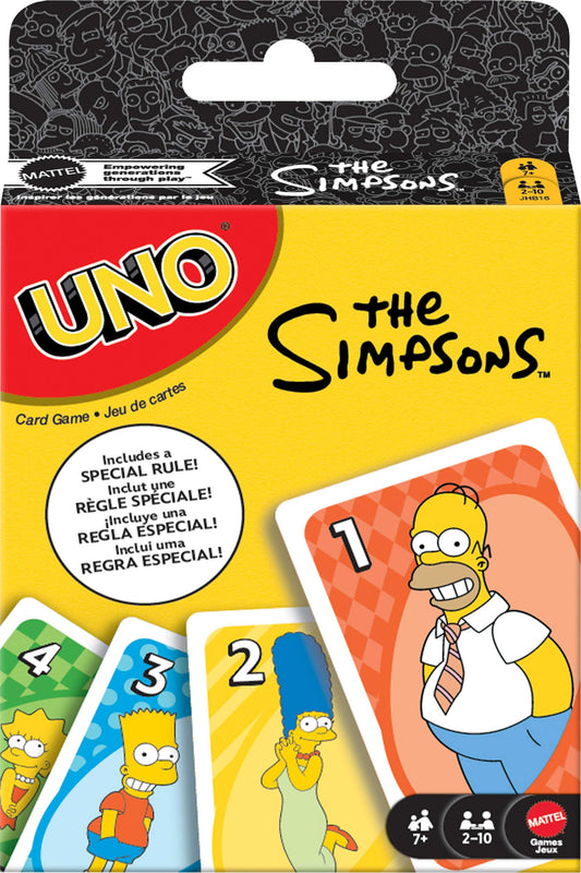 Mattel Games UNO The Simpsons card deck with character-inspired designs for family play.
