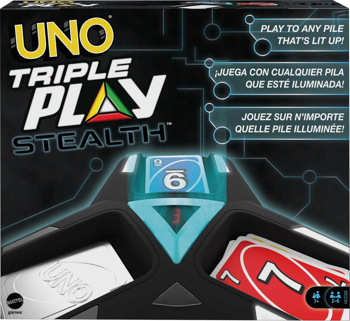 Mattel Games UNO Triple Play unit with three piles for dynamic play and strategy.