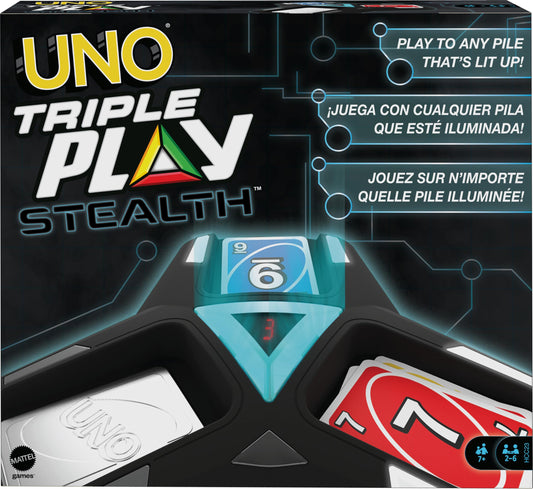 Mattel Games UNO Triple Play unit with three piles for dynamic play and strategy.