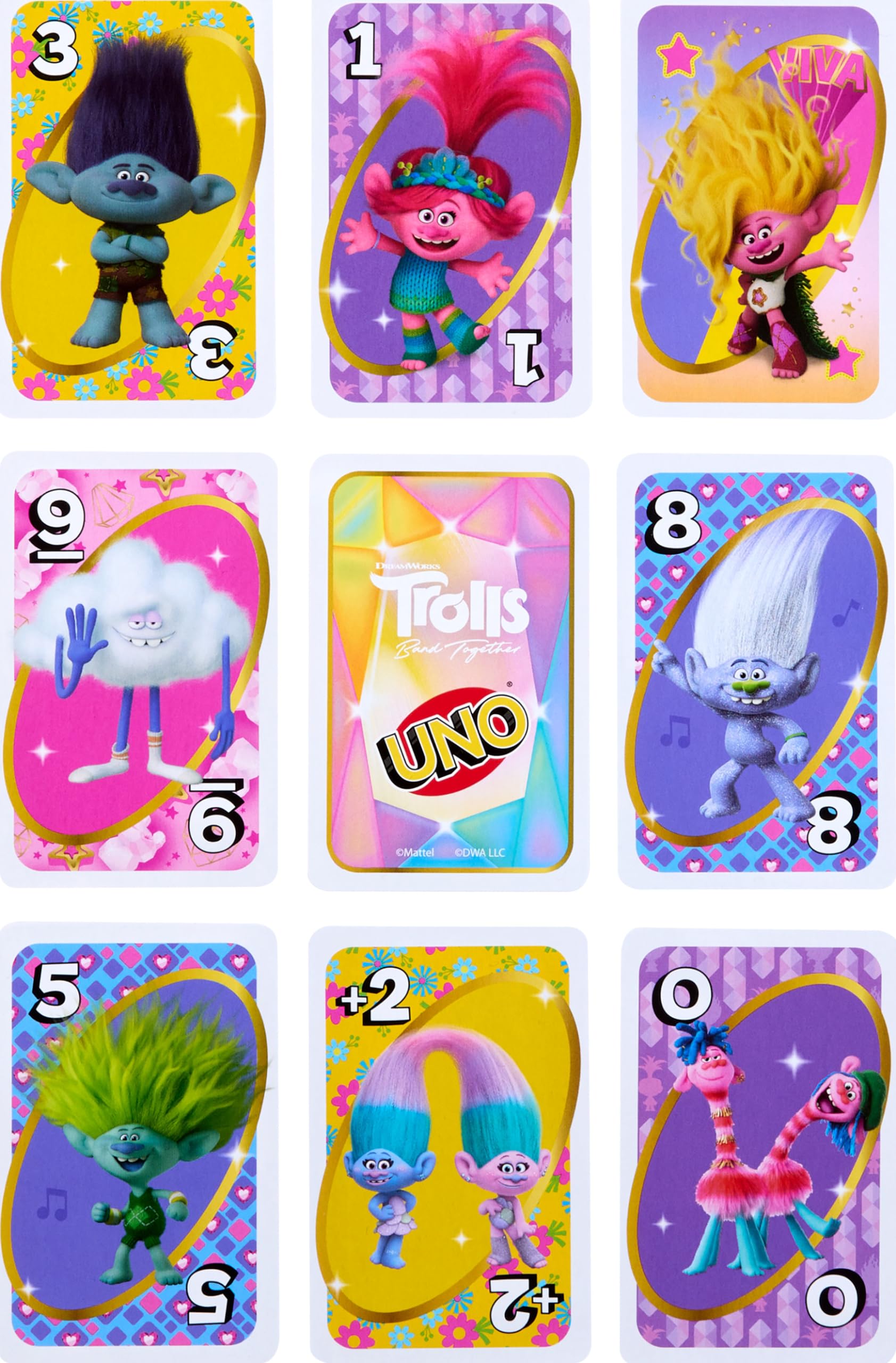 Mattel Games UNO Trolls 3 last-card UNO moment artwork