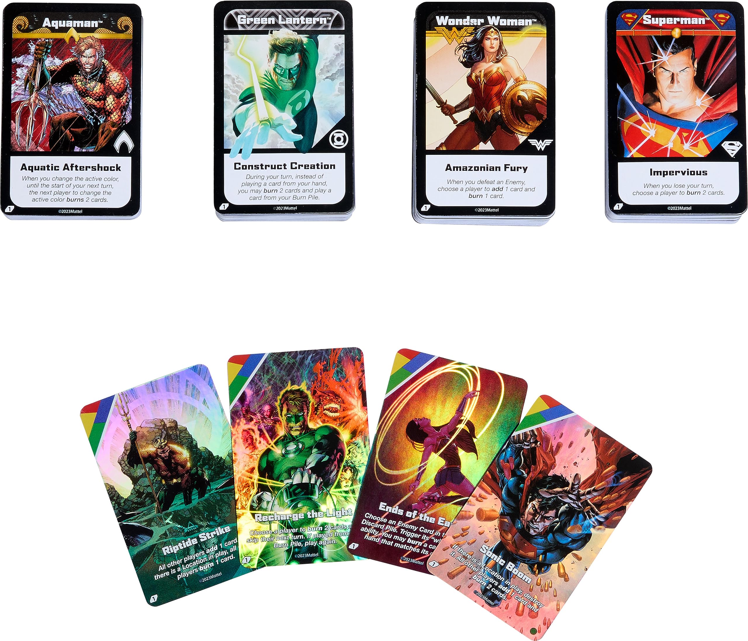Mattel Games UNO Ultimate DC Card Game box contents and rule set overview.
