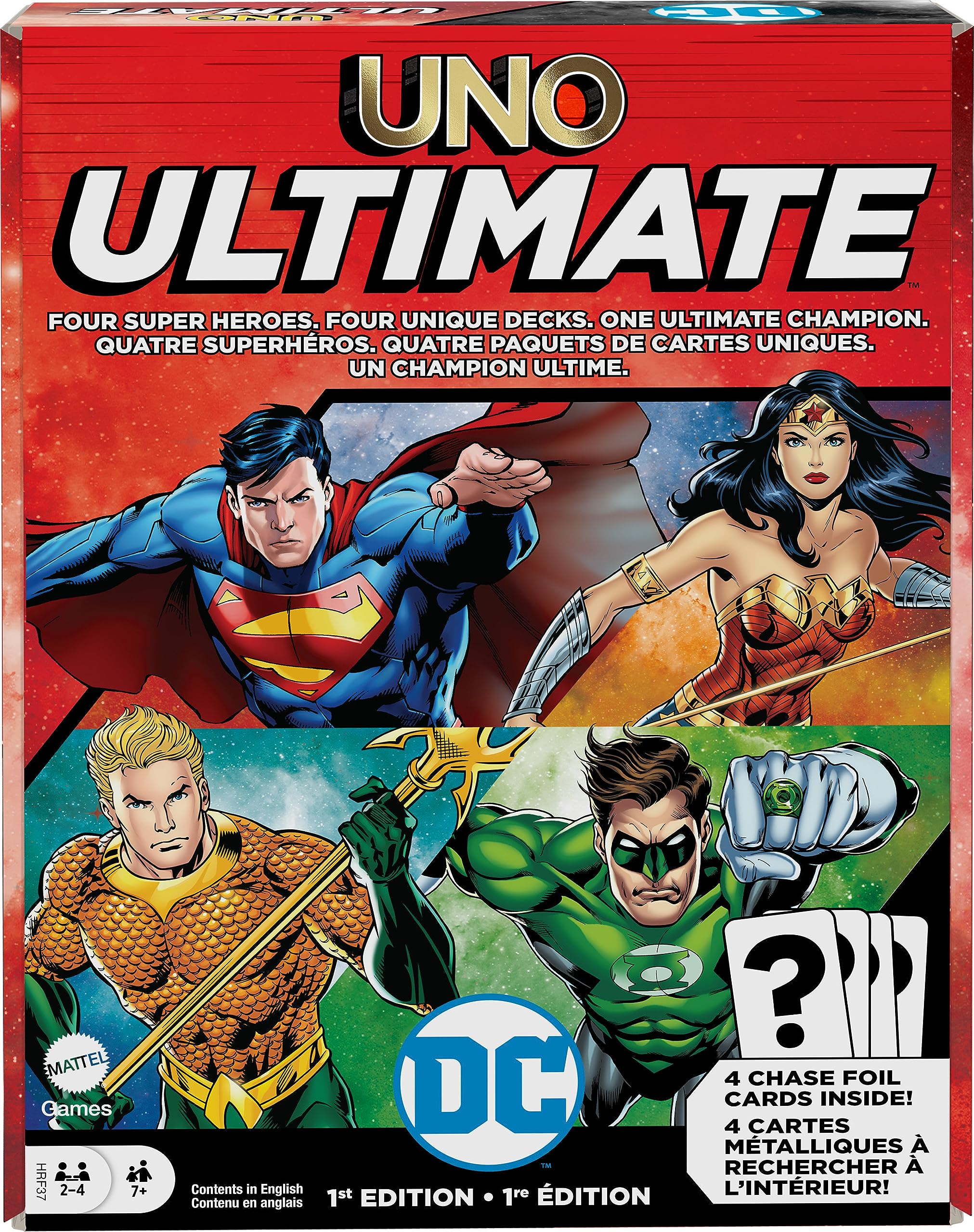 Mattel Games UNO Ultimate DC Card Game pack front shows four hero decks ready to play.