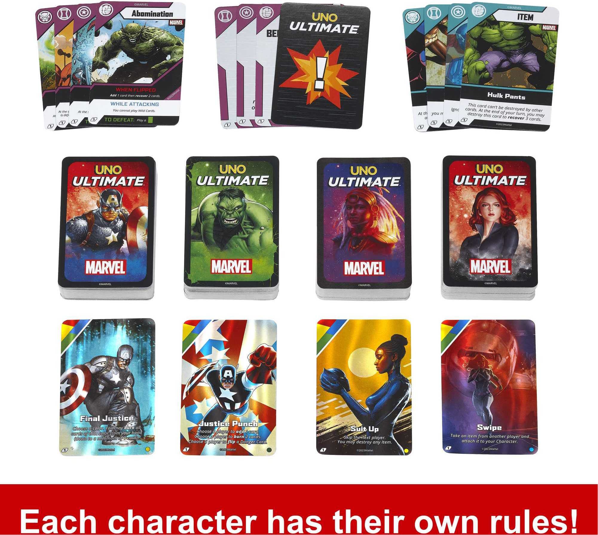 Mattel Games UNO Ultimate Marvel foil cards add shiny collectible flair.