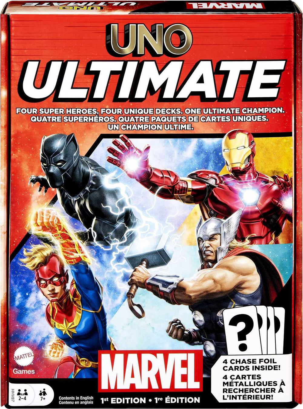 Mattel Games UNO Ultimate Marvel deck with four hero-themed options for exciting matches.