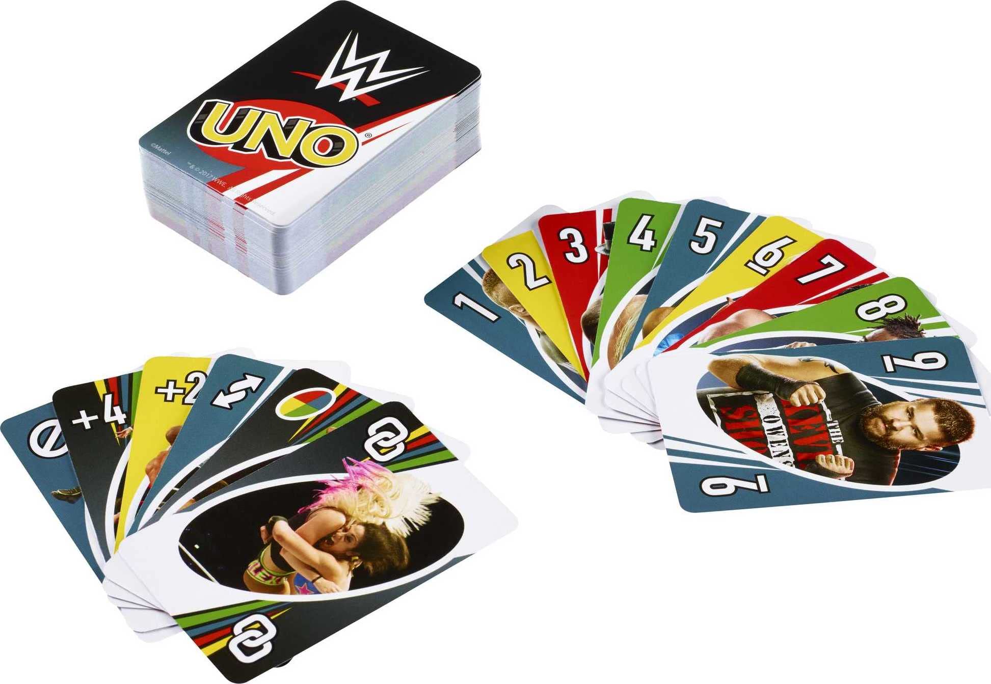 Mattel Games UNO WWE edition player hand showing colorful cards ready to play