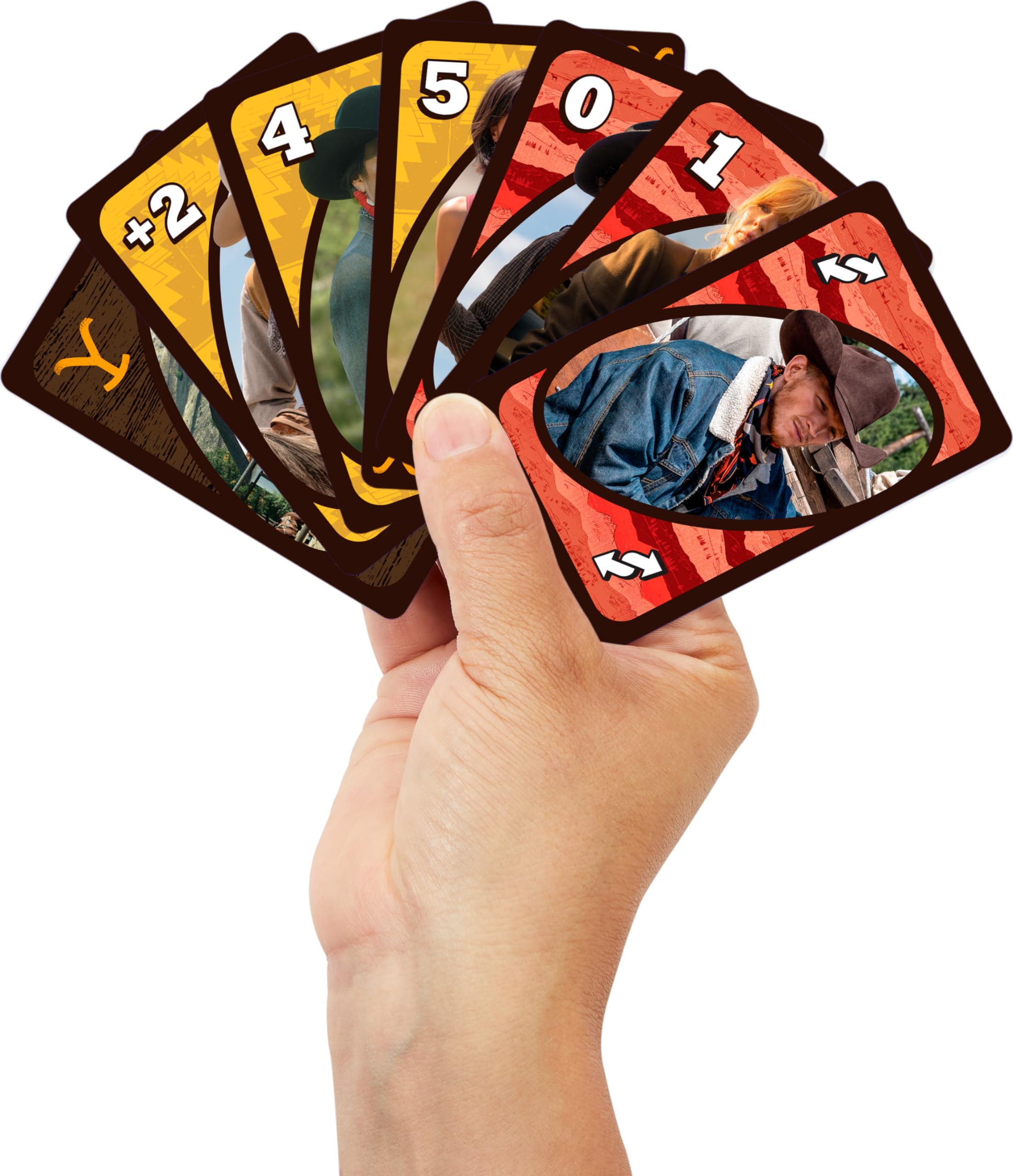 Mattel Games UNO Yellowstone card illustrations showcase iconic scenes for immersive play.